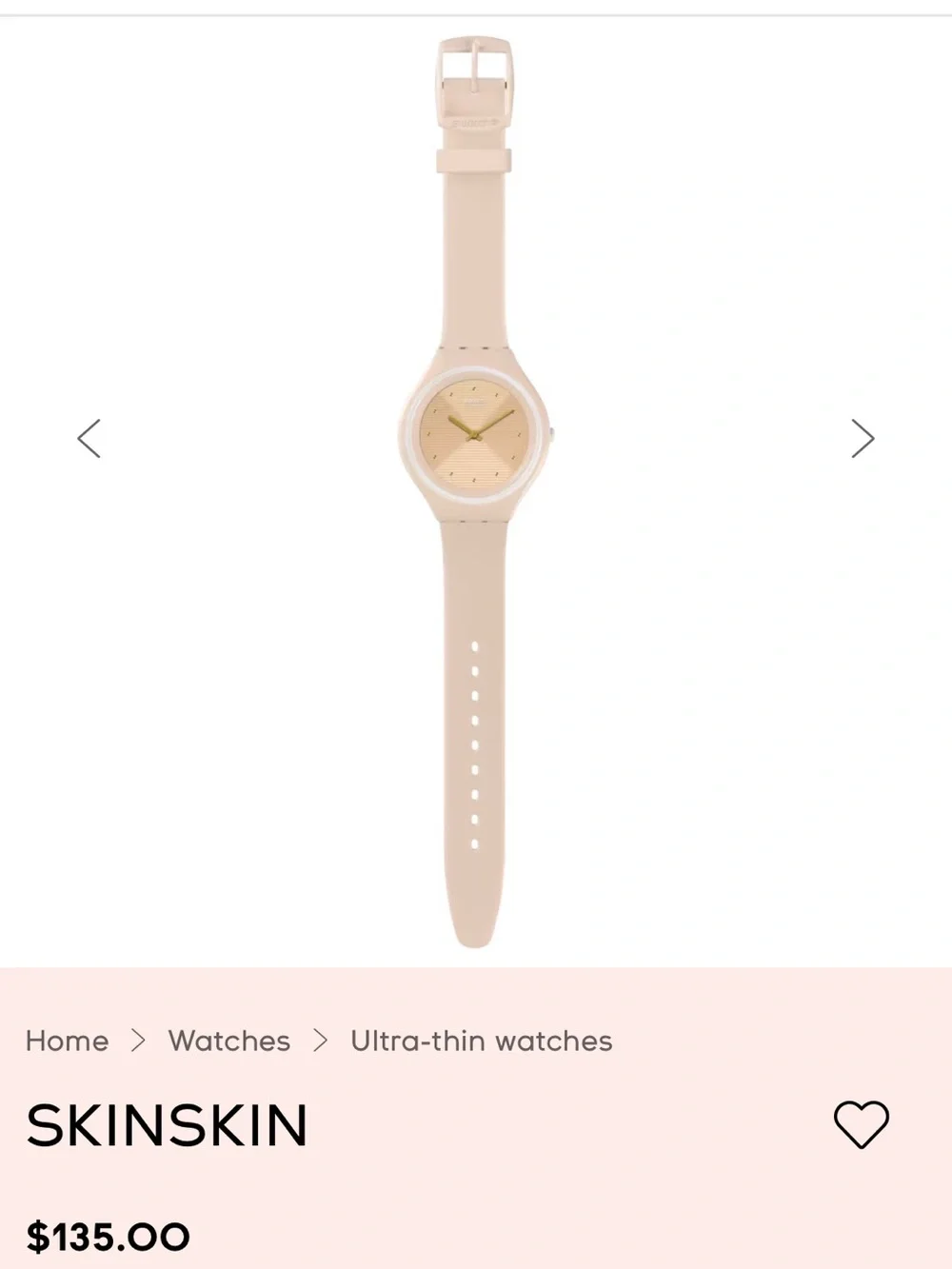 Swatch SKINSKIN watch (model SVUT100) ultra-thin pale pink strap w/gold accents